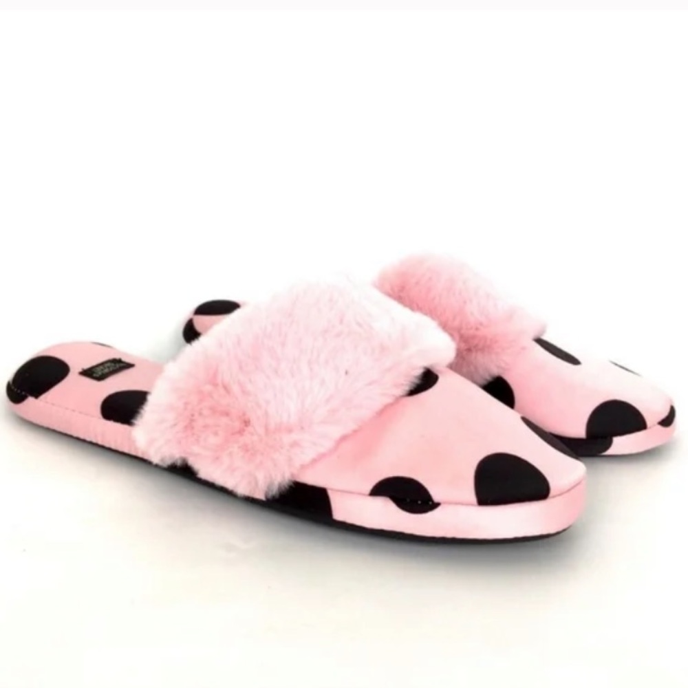 Victoria's Secret Signature Satin Slipper Pink Black Polka Dot with Faux Fur M - Picture 2 of 5